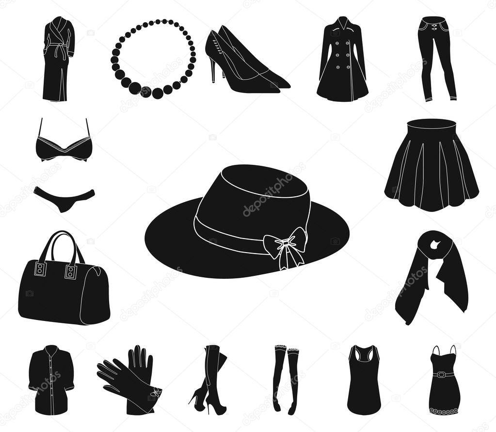 Womens Clothing black icons in set collection for design.Clothing Varieties and Accessories vector symbol stock  illustration.