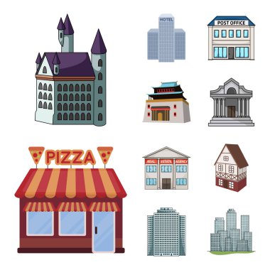 Bina ve şehir işareti yalıtılmış nesne. Bina ve hisse senedi için iş vektör simge kümesi.