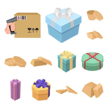 Karton ve teslimat işareti yalıtılmış nesne. Hisse senedi için karton ve etiket vektör simge topluluğu.