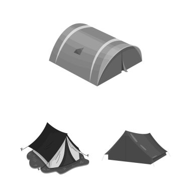 Çadır ve kamp işareti yalıtılmış nesne. Web için çadır ve orman hisse senedi simgesi kümesi.