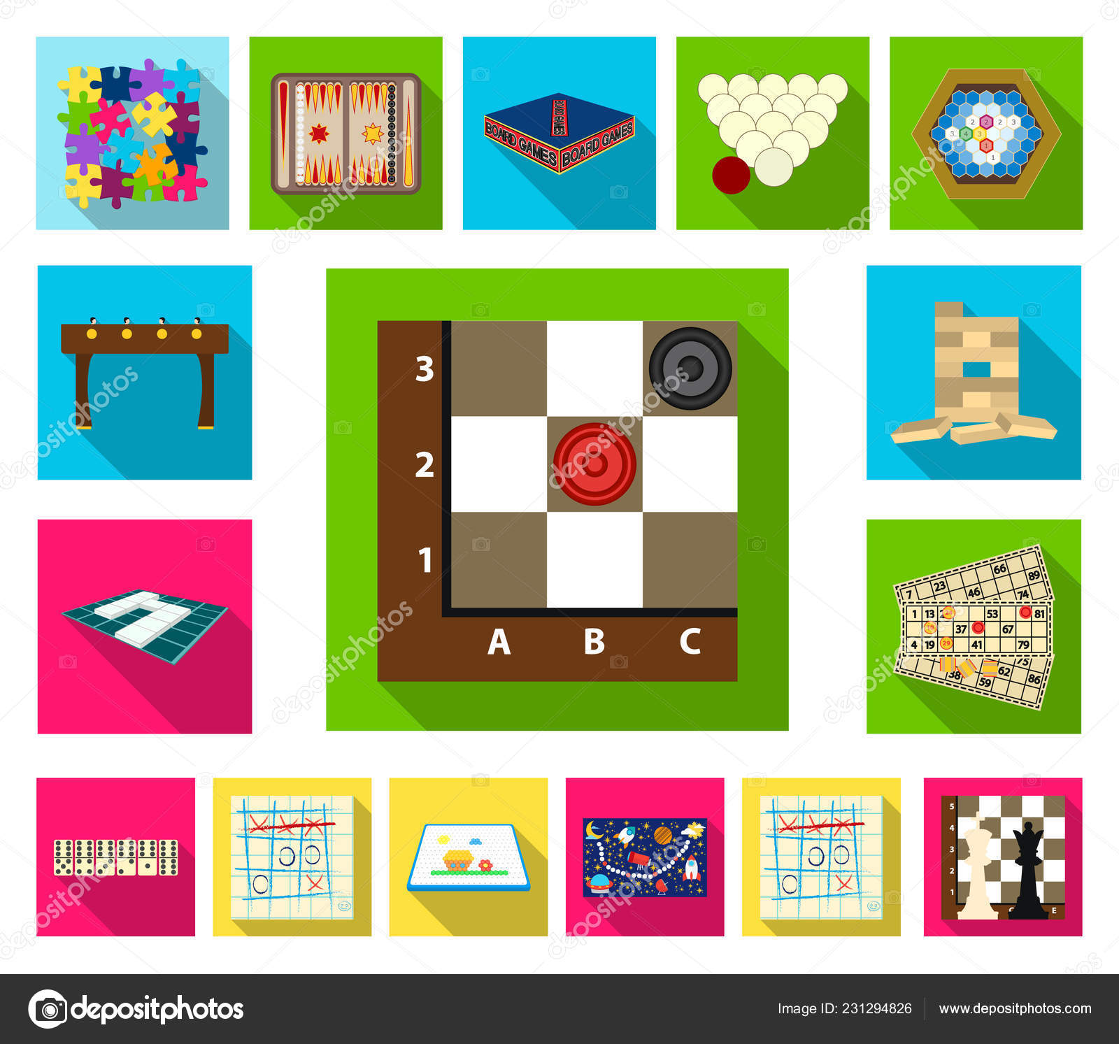 Conjunto de ícones planos de jogos de tabuleiro diferentes jogos