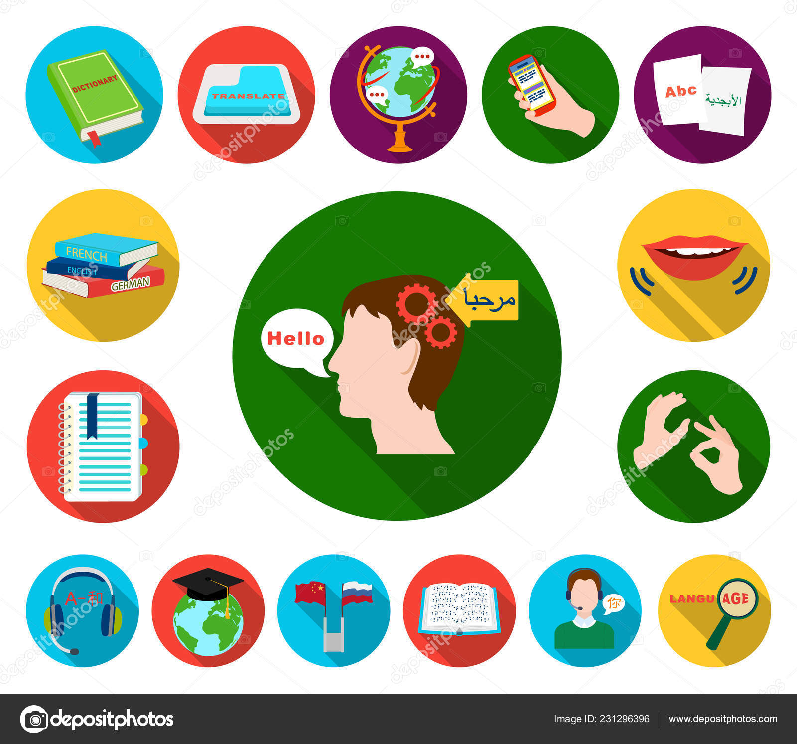 翻訳および言語学者はフラット デザインのセットのコレクションのアイコンです 通訳ベクトル シンボル ストック Web イラスト ストックベクター C Pandavector