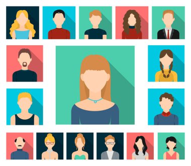 Avatar ve yüz düz simgeler set koleksiyonu tasarım için. Bir kişi görünümü vektör simge stok web çizim.
