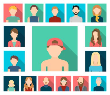Avatar ve yüz düz simgeler set koleksiyonu tasarım için. Bir kişi görünümü vektör simge stok web çizim.