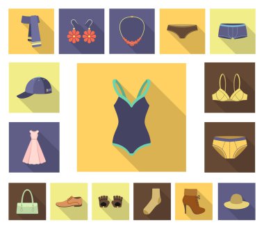 Giysi ve aksesuarları set koleksiyonu tasarım için simgeleri düz. Ayakkabı ve dekorasyon sembol stok web illüstrasyon vektör.