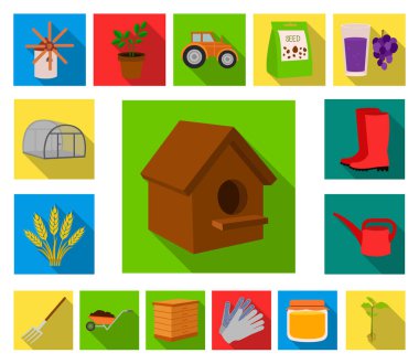 Çiftlik ve Bahçe düz simgeler set koleksiyonu tasarım için. Çiftlik ve ekipman sembol stok illüstrasyon vektör.