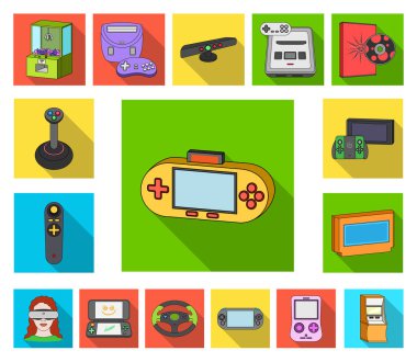 Set koleksiyonu tasarım için simgeleri düz oyun konsolu ve sanal gerçeklik. Oyun gadget'lar sembol stok web illüstrasyon vektör.
