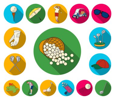 Golf ve öznitelikleri set koleksiyonu tasarım için simgeleri düz. Golf Kulübü ve ekipman sembol stok web illüstrasyon vektör.