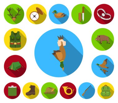 Düz set koleksiyonu tasarım için simgeleri Avcılık ve kupa. Avcılık ve ekipman sembol stok web illüstrasyon vektör.