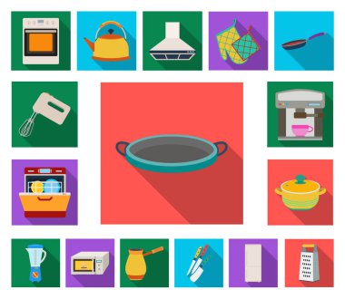 Mutfak ekipmanları set koleksiyonu tasarım için düz simgeler. Sembol stok web illüstrasyon vektör mutfak ve aksesuarları.