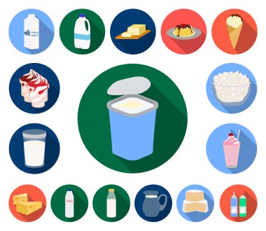 Süt ürün düz simgeler vektör design.Milk ve gıda için küme toplama hisse senedi web illüstrasyon simge.