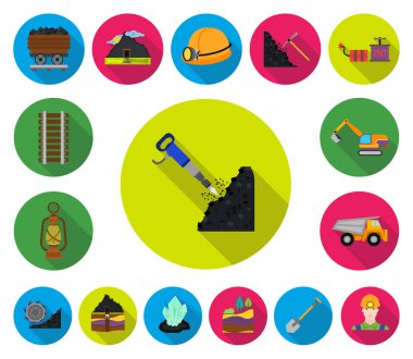 Madencilik Sanayi set koleksiyonu tasarım için düz simgeler. Cihazlar ve sembol stok web illüstrasyon vektör.