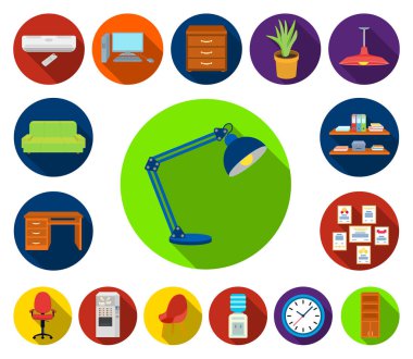 Set koleksiyonu tasarım için çalışma alanı düz simgeler iç. Ofis mobilya vektör simge stok web çizim.