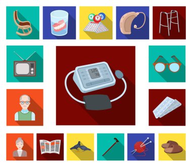 İnsan yaşlılık set koleksiyonu tasarım için düz simgeler. Emekli, hayat vektör simge stok web resimde nokta.