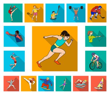 Dizayn için set koleksiyonunda farklı spor düz simgeleri var. Sporcu ve yarışmalar vektör sembolü web illüstrasyonu.