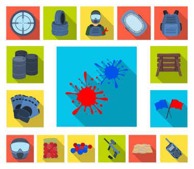 Paintball takım set koleksiyonu tasarım için oyun düz simgeler. Ekipman ve kıyafet sembol stok web illüstrasyon vektör.