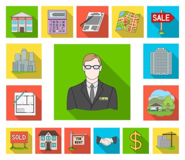Emlakçı, set koleksiyonu tasarım ajansı düz simgeler. Alış ve satış Emlak vektör simge stok web çizim.