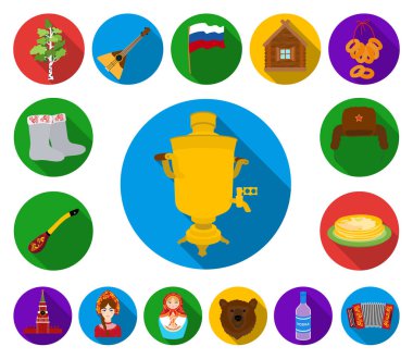 Country Russia, travel flat icons in set collection for design. Attractions and features vector symbol stock web illustration. clipart