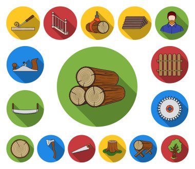 Kereste ve ahşap düz simgeler set koleksiyonu tasarım için. Donanım ve araçlar sembol stok web illüstrasyon vektör.