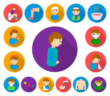 Set koleksiyonu tasarım için hasta adam düz simgeler. Hastalık ve tedavi sembol stok web illüstrasyon vektör.