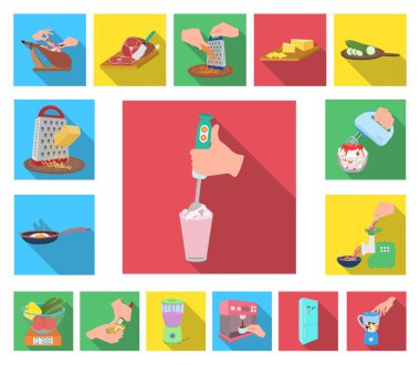 Yemek yemek düz simgeler set koleksiyonu tasarım için. Mutfak, cihazlar ve sembol stok web illüstrasyon vektör.