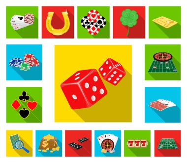 Casino ve ekipman düz simgeler set koleksiyonu tasarım için. Kumar ve para sembol stok web illüstrasyon vektör.