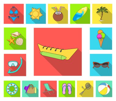 Yaz dinlenme set koleksiyonu tasarım için düz simgeler. Beach Aksesuar vektör simge stok web çizimi.