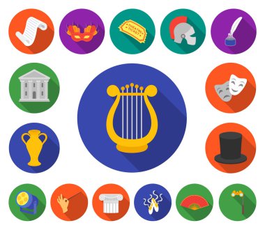 Tiyatro sanat set koleksiyonu tasarım için düz simgeler. Tiyatro donanımları ve aksesuarları sembol stok web illüstrasyon vektör.