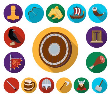 Düz set koleksiyonu tasarım için simgeleri Vikingler ve öznitelikleri. Eski İskandinav savaşçı vektör simge stok web çizimi.