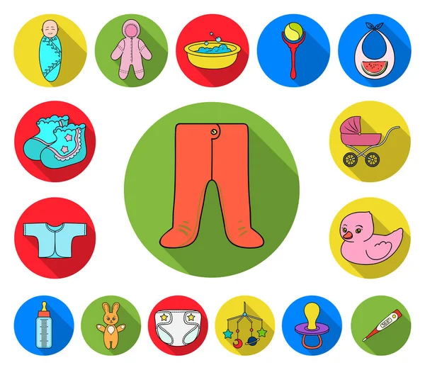 Geboorte van een baby plat pictogrammen in set collectie voor design. Pasgeboren en accessoires vector symbool voorraad web illustratie. — Stockvector