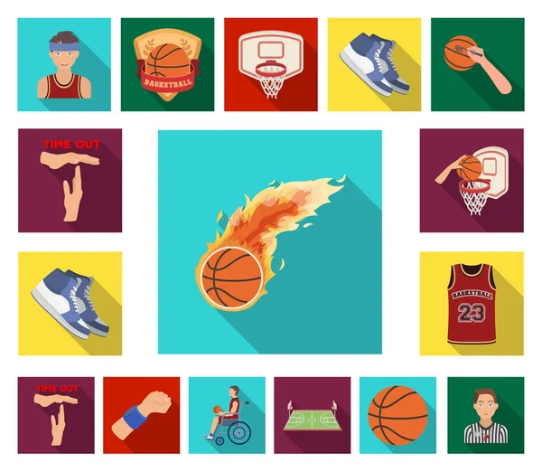 Basquete e atributos ícones planos na coleção de conjuntos para design.Basketball jogador e equipamento símbolo vetorial ilustração web estoque . — Vetor de Stock