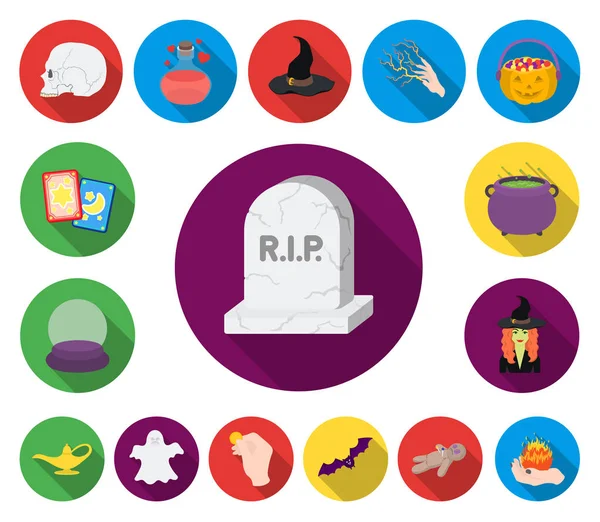 düz ve white magic düz simgeler set koleksiyonu tasarım için. Sembol stok web illüstrasyon vektör öznitelikleri ve büyücü aksesuarları.