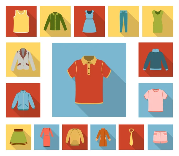 Diferentes tipos de roupas ícones planos na coleção de conjuntos para design. Roupas e estilo vetor símbolo web ilustração . — Vetor de Stock