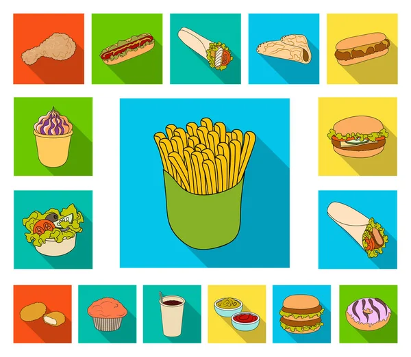 Fast food płaskie ikony w kolekcja zestaw do projektowania. Żywności z półproduktów symbol web czas ilustracja wektorowa. — Wektor stockowy