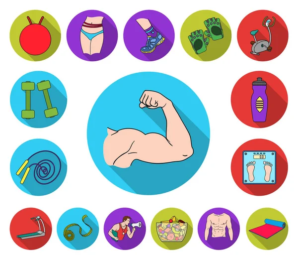 Fitness y atributos de iconos planos en la colección de conjuntos para el diseño. Equipo de fitness vector símbolo stock web ilustración . — Archivo Imágenes Vectoriales