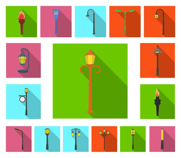 Lampe post icônes plates dans la collection de jeu pour le design. Lanterne et éclairage vectoriel symbole stock illustration web . — Image vectorielle