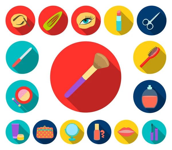 Maquillaje y cosméticos iconos planos en la colección de conjuntos para el diseño. Maquillaje y equipo vector símbolo stock web ilustración . — Archivo Imágenes Vectoriales