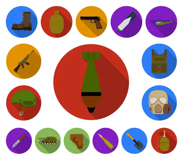 Exército e armamentos ícones planos em coleção de conjuntos para design. Ilustração da web de estoque de símbolos vetoriais de armas e equipamentos . — Vetor de Stock