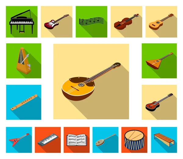 Musikinstrument platt ikoner i set samling för design. Sträng- och blåsinstrument isometrisk vektor symbol stock web illustration. — Stock vektor