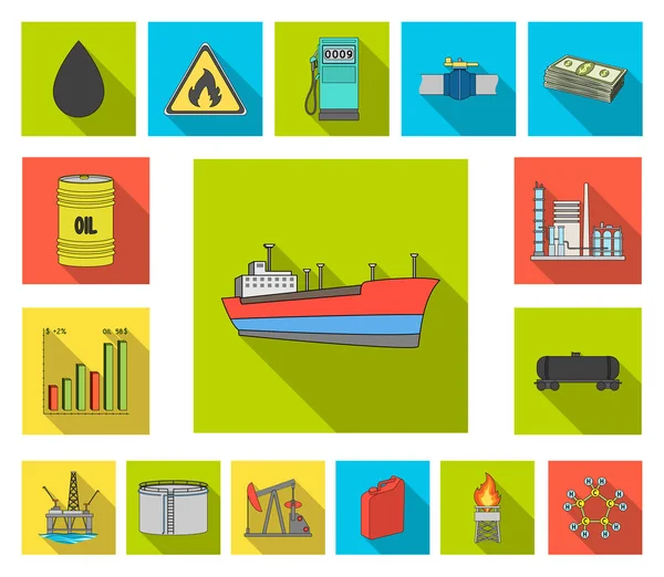 Ícones planos da indústria do petróleo na coleção de conjuntos para design. Equipamento e produção de óleo símbolo vetorial web ilustração . —  Vetores de Stock