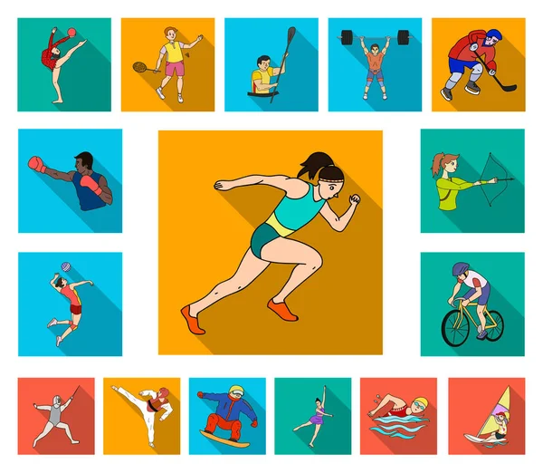 Diversi tipi di sport icone piatte nella collezione set per il design. Atleta, concorsi vettoriale simbolo stock web illustrazione. — Vettoriale Stock