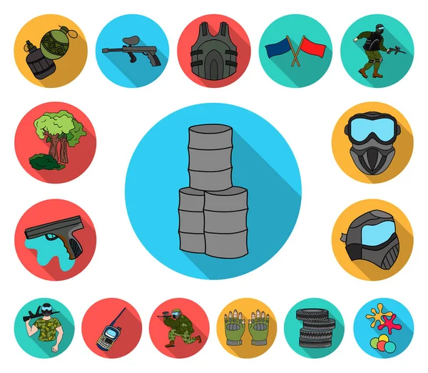 Paintball, iconos planos del juego de equipo en la colección de conjuntos para el diseño. Equipo y equipo vector símbolo stock web ilustración . — Archivo Imágenes Vectoriales