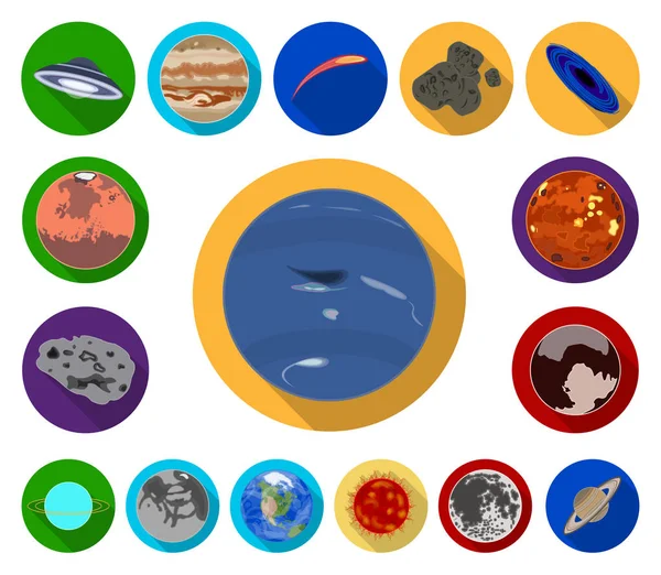 Planetas del sistema solar iconos planos en la colección de conjuntos para el diseño. Cosmos y astronomía vector símbolo stock web ilustración . — Vector de stock