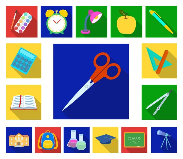 School and education flat icons in set collection for design.College, equipment and accessories vector symbol stock web illustration. — Stock Vector