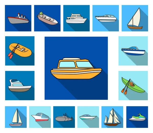 Iconos planos de agua y transporte marítimo en la colección de conjuntos para el diseño. Una variedad de barcos y barcos vector símbolo stock web ilustración . — Archivo Imágenes Vectoriales