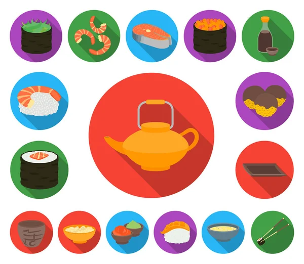 Sushi a ochucení ploché ikony v nastavení kolekce pro design. Mořské jídlo, příslušenství vektor symbol akcií web ilustrace. — Stockový vektor