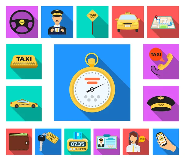 Servicio de taxi iconos planos en la colección de conjuntos para el diseño. Taxi conductor y vector de transporte símbolo stock web ilustración . — Vector de stock