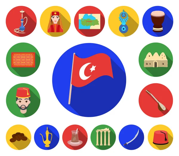Turkey country flat icons in set collection for design.Travel and attractions vector symbol stock web illustration. — Stock Vector