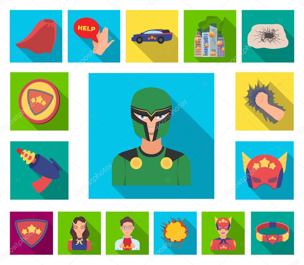 A fantastic superhero flat icons in set collection for design. Superheros equipment vector symbol stock web illustration.