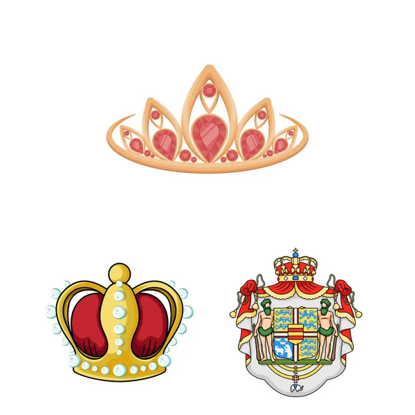 Geïsoleerde object van kroon en koninklijk symbool. Set van kroon en sieraden voorraad vectorillustratie. — Stockvector